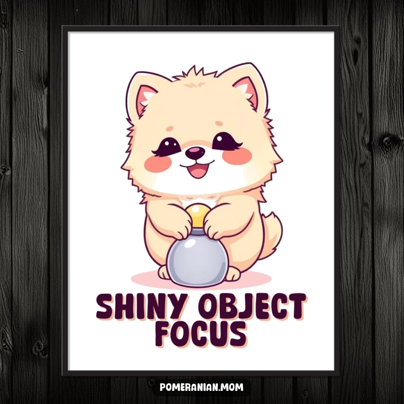 Funny Pomeranian poster capturing a happy dog skillfully balancing a small shiny object, showcasing focus and delightful talent.