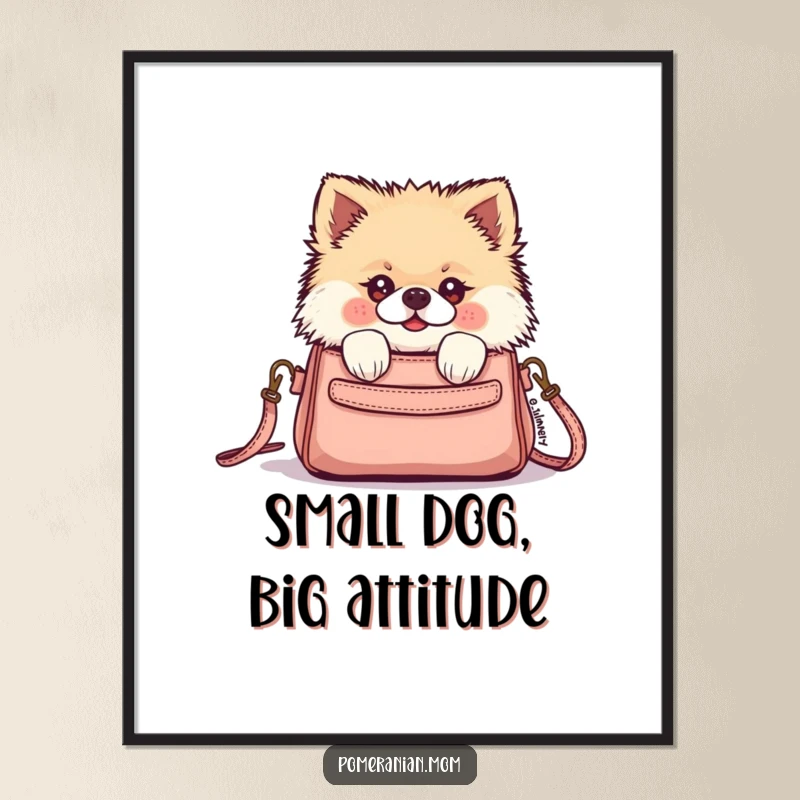 Funny Kawaii Pomeranian peeking from a tiny purse on this vibrant poster, capturing a moment of cute curiosity and playful exploration.