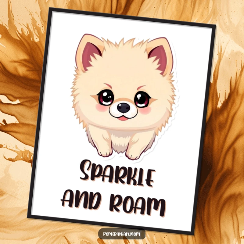 Funny Kawaii Pomeranian Poster: Dog with sparkling eyes, looking adventurously, a humorous and inspiring piece for any wall.