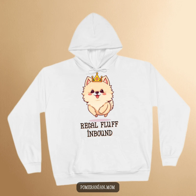 Funny Pomeranian hoodie showing a small dog wearing a tiny crown, mid-skip with delight, embodying playful royalty and cozy comfort.