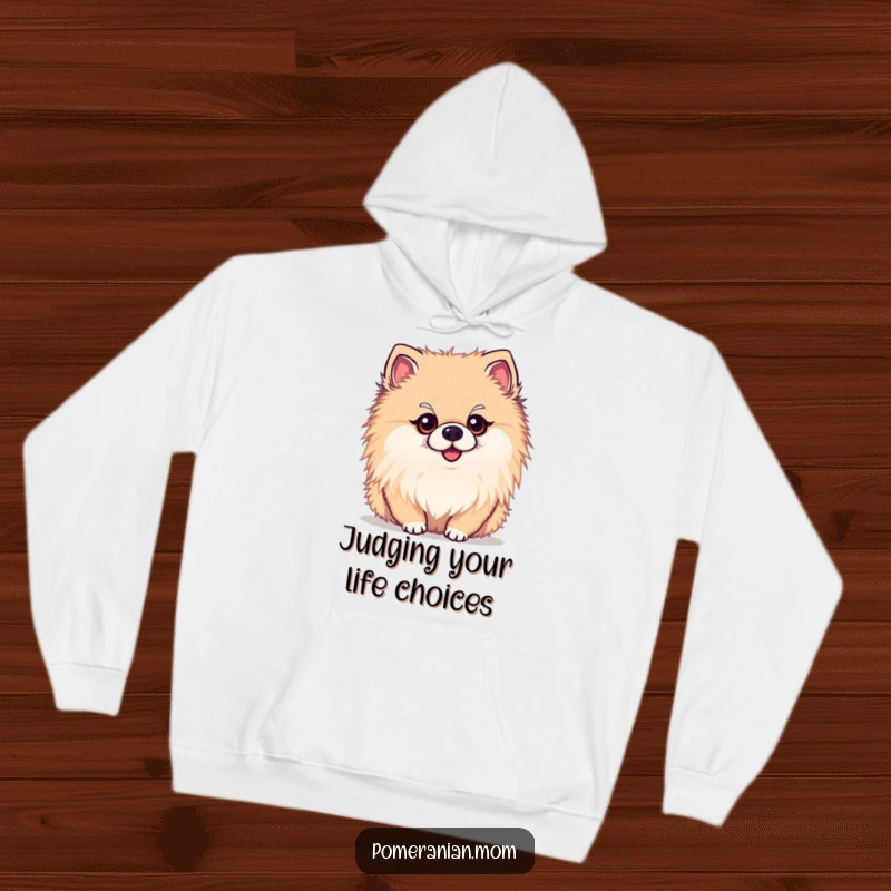 Funny kawaii Pomeranian hoodie, a cute dog in a warm hoodie with a curious head tilt. Ideal for cozy evenings.