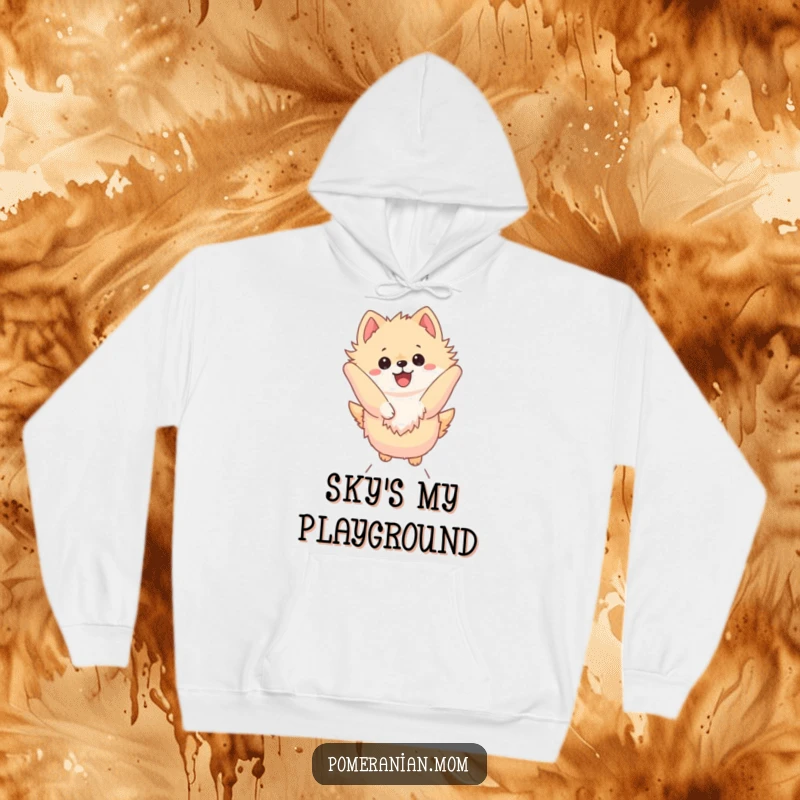 Funny Kawaii Pomeranian Hoodie: Dog in a high leap, full of dynamic energy and playful humor.