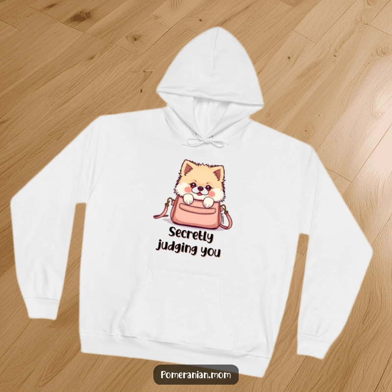 Funny Kawaii Pomeranian peeking from a tiny purse on this cozy hoodie, highlighting its curiosity and adorable nature.