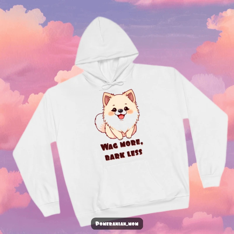 Funny Pomeranian hoodie depicting an ecstatic dog with a wagging tail, offering a warm, humorous, and joyful design.