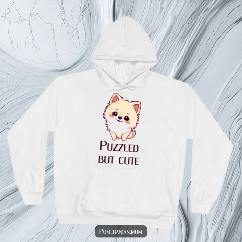 Funny kawaii Pomeranian hoodie, showing a fluffy dog tilting its head with adorable curiosity. Ideal for cozy, contemplative moments.