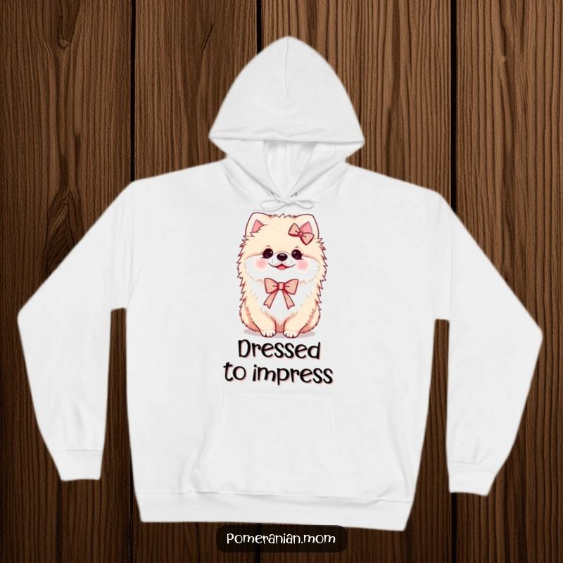 Funny Kawaii Pomeranian Hoodie: A fluffy dog wearing a tiny, sparkling ribbon, exuding cuteness and flair.