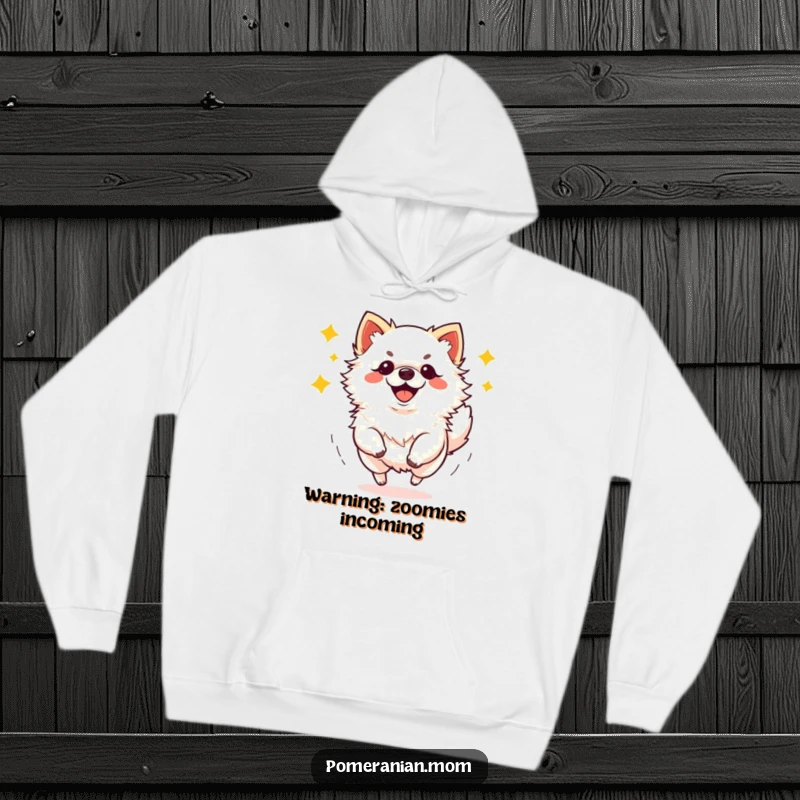 Funny kawaii Pomeranian doing energetic zoomies hoodie, showcasing playful doggy energy and warmth, a cozy gift.