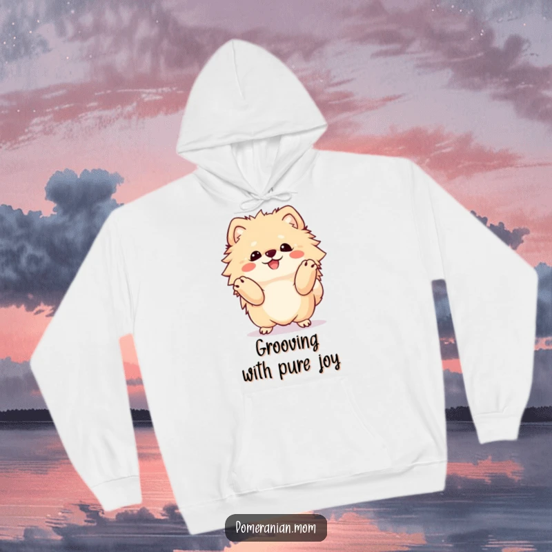 Funny Kawaii Pomeranian hoodie, a fluffy dog performing a delightful happy dance, radiating pure, infectious joy.