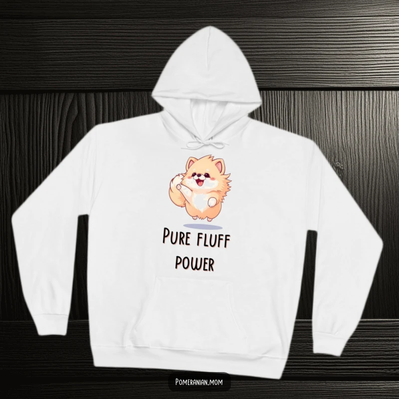 Funny Kawaii Pomeranian, depicted mid-jump with ecstatic expression and a blur of a wagging tail, perfect for cozy wear.
