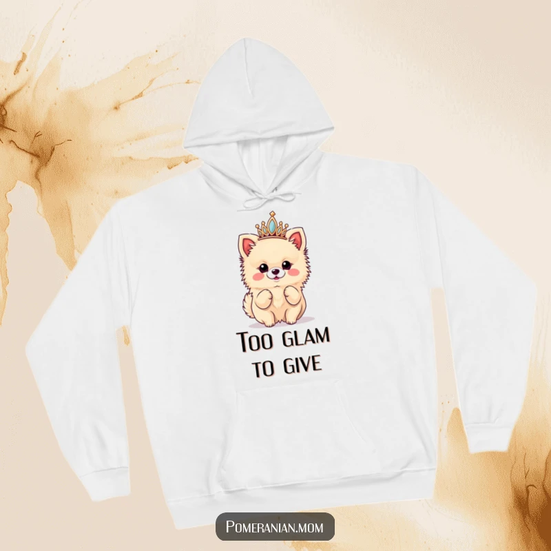 Funny hoodie depicting a kawaii Pomeranian wearing a tiny tiara, striking a confident diva pose, perfect for cozy royalty.