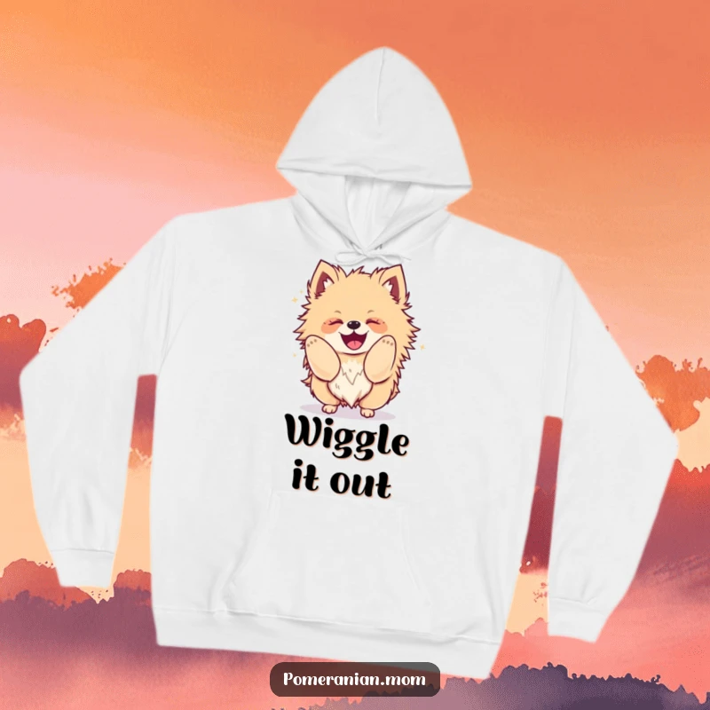 Funny Kawaii Pomeranian hoodie, featuring a fluffy dog shaking its body with immense glee, cozy and humorous.