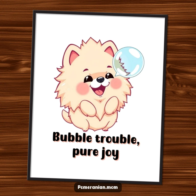Funny Free Printable Wall Art: Adorable Kawaii Pomeranian with fluffy mane joyfully barking at a floating bubble.