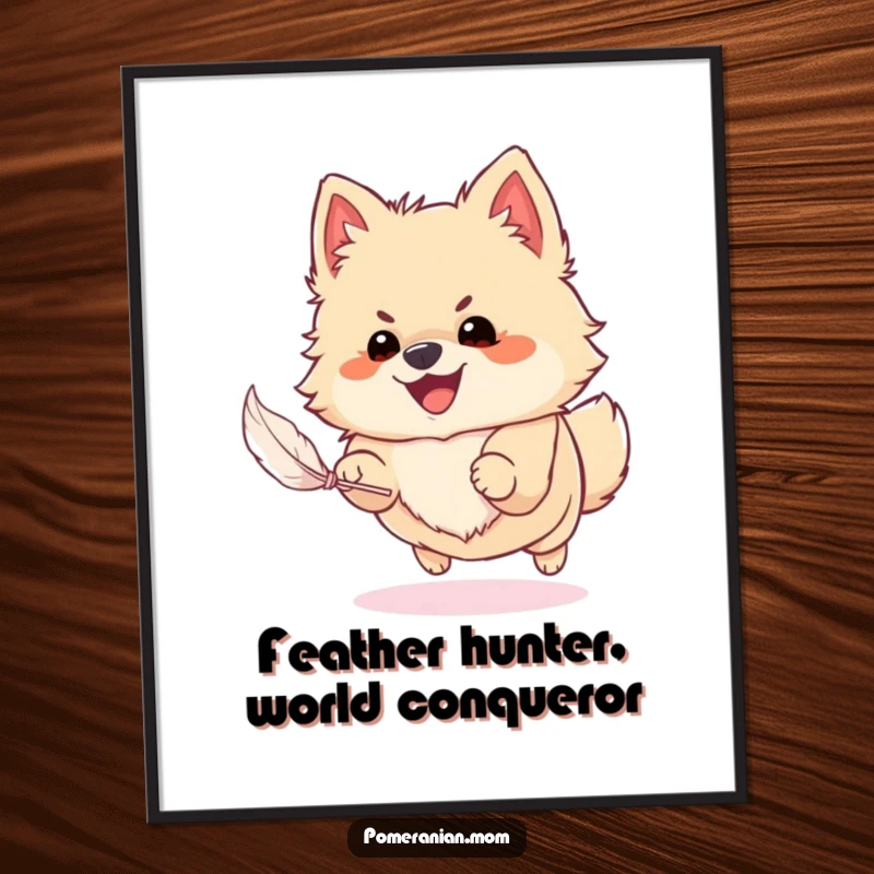 Funny Free Printable Wall Art: A happy Pomeranian comically chasing a small feather, full of playful energy.
