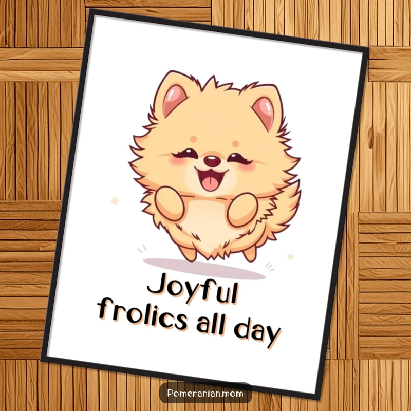 Funny Free Printable Wall Art: Cute kawaii pomeranian energetically frolicking with an expression of sheer joy.