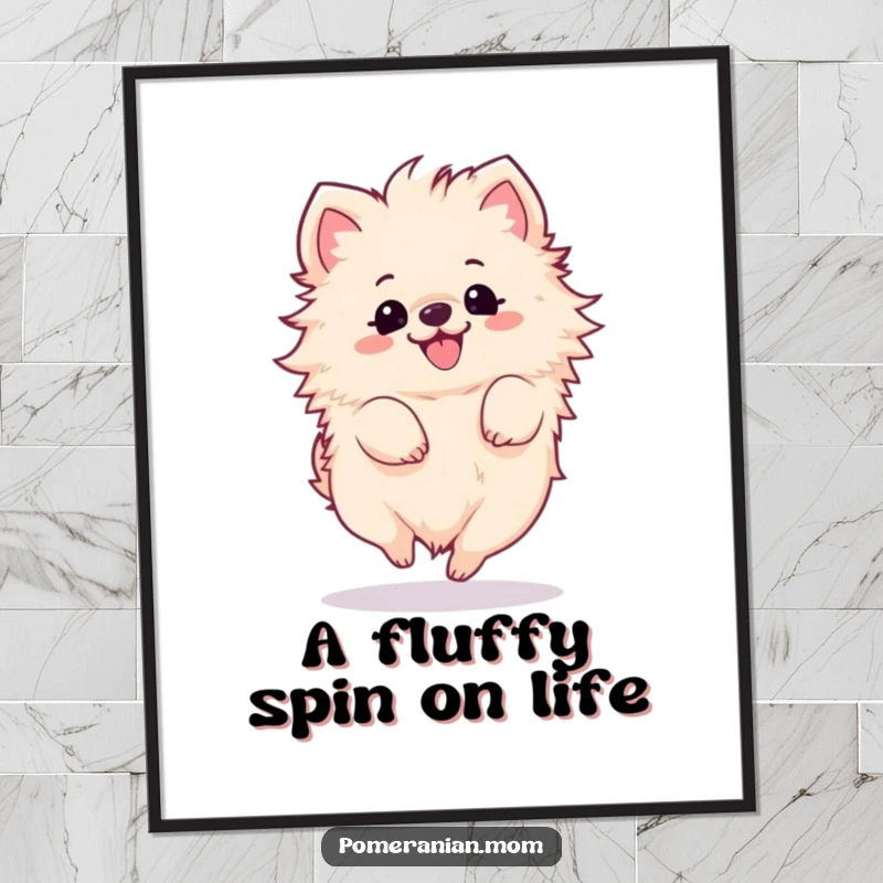 Funny Free Printable Wall Art: A fluffy kawaii pomeranian doing a happy, energetic spin.