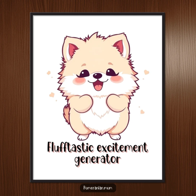 Free Printable Wall Art: A cute Kawaii Pomeranian is depicted mid-shake, its fluffy body vibrating with pure excitement.