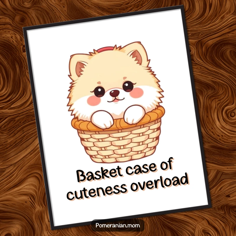 Funny Free Printable Wall Art: Kawaii Pomeranian peeking curiously from a small basket, adding a touch of playful charm to your decor.