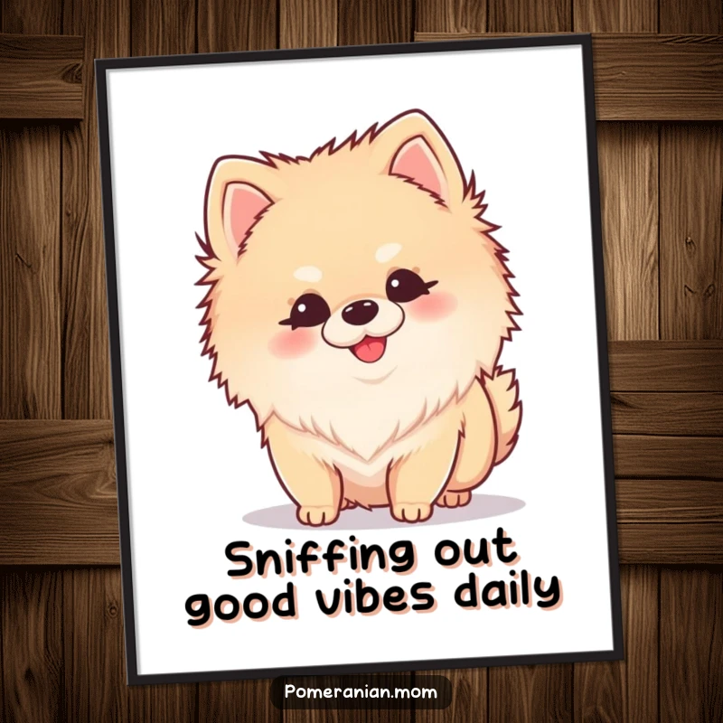 Funny Free Printable Wall Art: A kawaii Pomeranian puppy with a curious sniff and a happy, excitable wiggle.