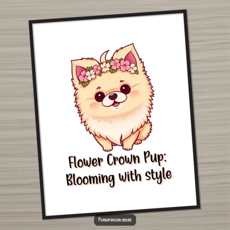 Funny Free Printable Wall Art: Kawaii Pomeranian with a perky tilt, wearing a miniature flower crown, surrounded by petals.
