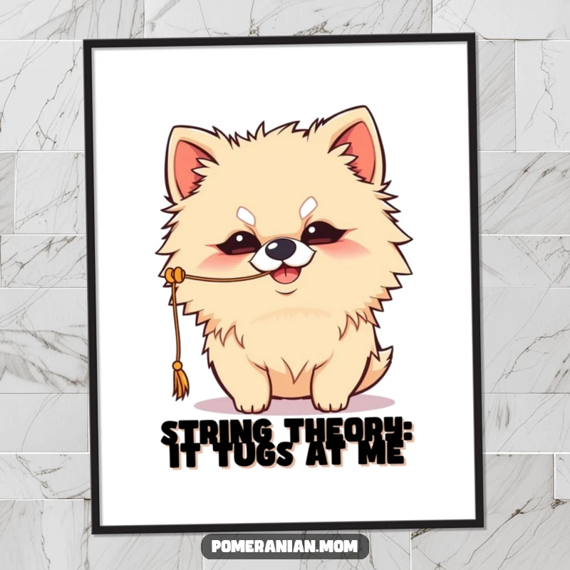 Funny Free Printable Kawaii Pomeranian wall art, mischievous grin, batting at a string, playful dog decor.