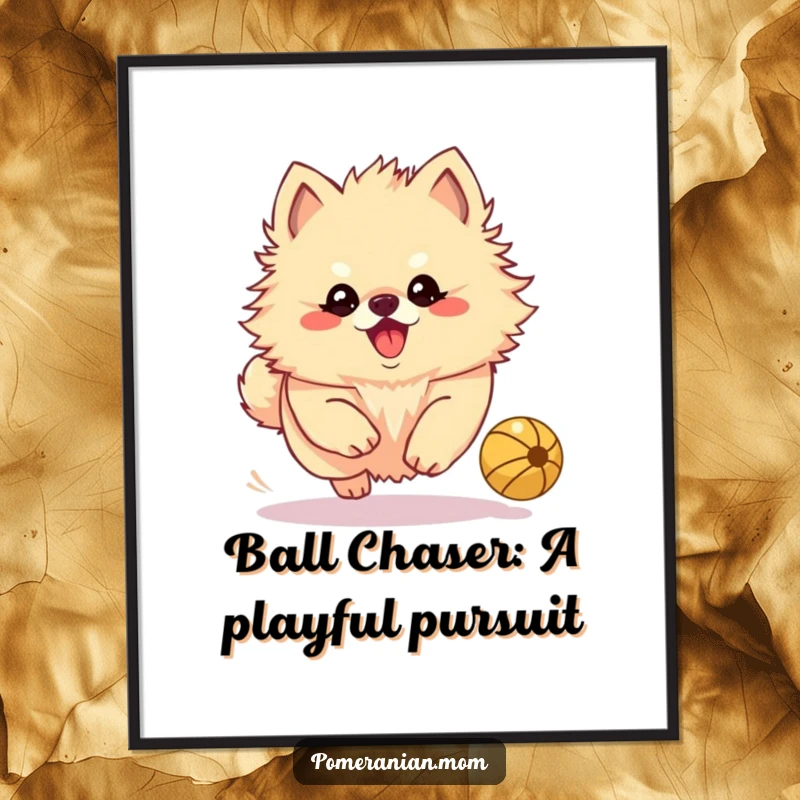 Funny Free Printable Wall Art: Kawaii Pomeranian with a playful yap, chasing a bouncing ball with great focus.