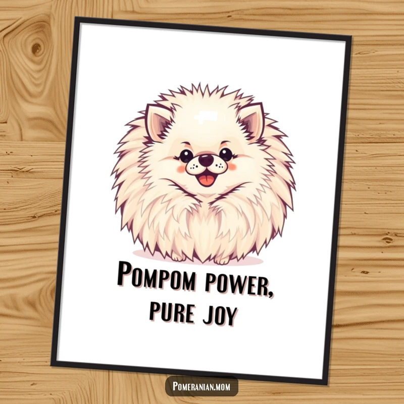 Funny Free Printable Pomeranian Wall Art: A happy Pomeranian peeking from behind a large, cheerful pompom.