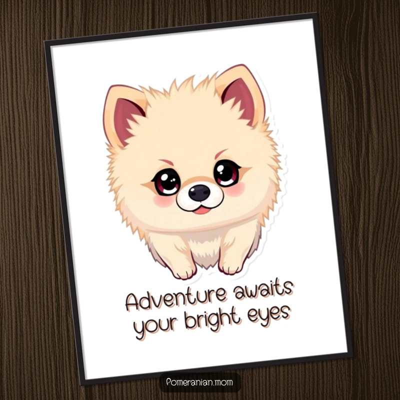 Funny Free Printable Wall Art: A Kawaii Pomeranian with bright, sparkling eyes, looking for adventure, inspiring exploration and joy.