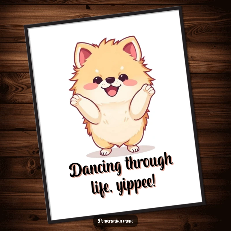 Funny Free Printable Wall Art: A kawaii Pomeranian is captured mid-dance, paws waving joyfully, radiating pure delight.