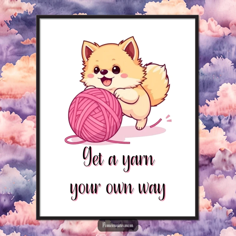 Funny Free Printable Wall Art: Energetic Pomeranian puppy playfully leaping after a gigantic ball of yarn, full of zest.