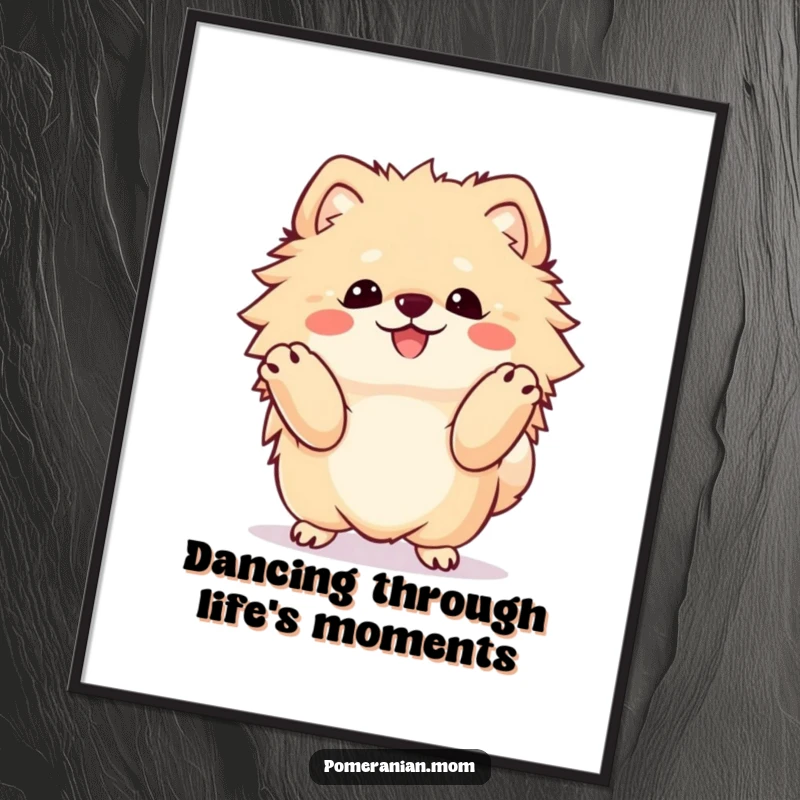 Funny Free Printable Wall Art: A fluffy Kawaii Pomeranian joyfully dances with its front paws lifted high in celebration.