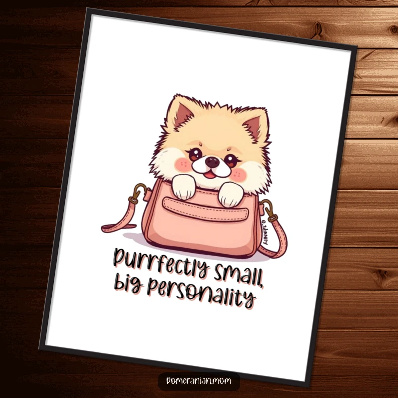 Funny Free Printable Wall Art of a kawaii Pomeranian curiously peeking from a tiny purse, bringing cute charm to your decor.
