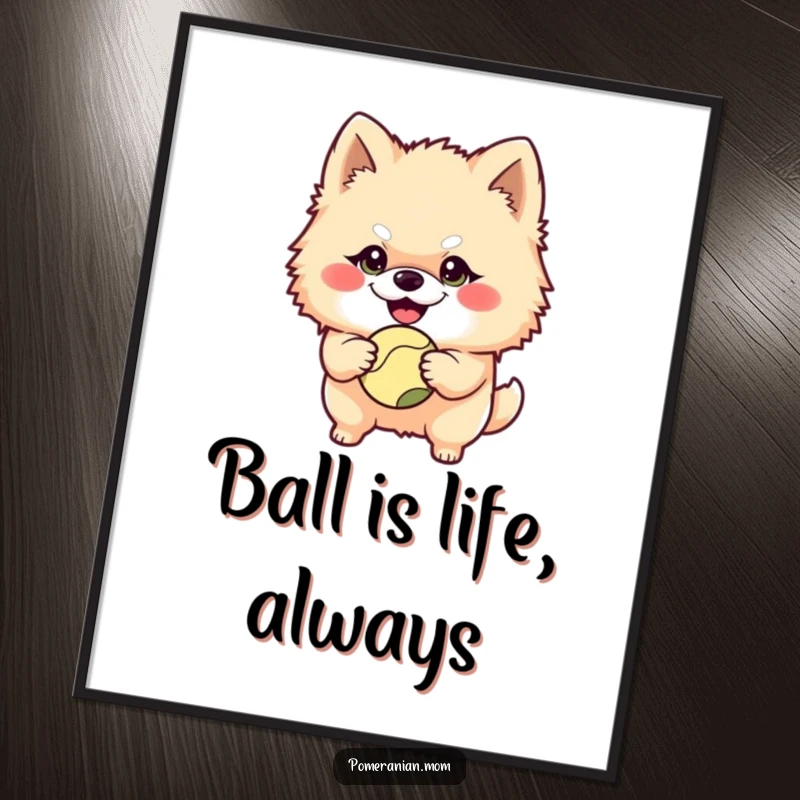 Funny Free Printable Wall Art of a mischievous Pomeranian with a grin, holding a ball, ready for a playful adventure.