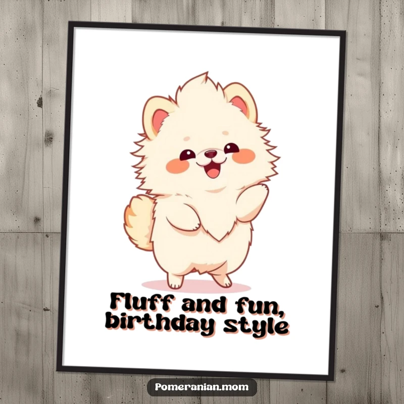 Funny Free Printable Wall Art: Kawaii Pomeranian with fluffy mane, energetically twirling with pure, unadulterated joy.