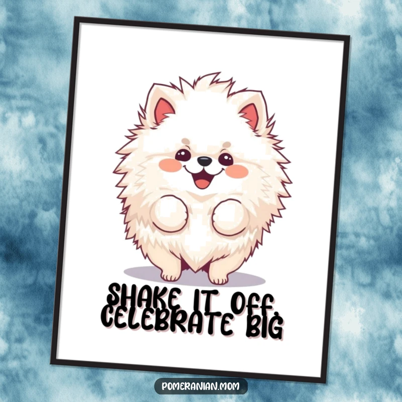 Funny free printable wall art: A cheerful, fluffy Pomeranian joyfully shakes its voluminous fur, creating a dynamic and humorous visual.