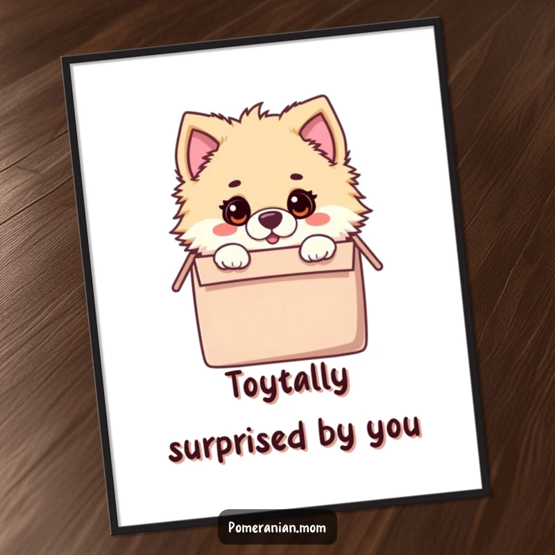 Funny Free Printable Wall Art: Kawaii Pomeranian with a surprised expression, peeking with wide eyes from inside a toy box.