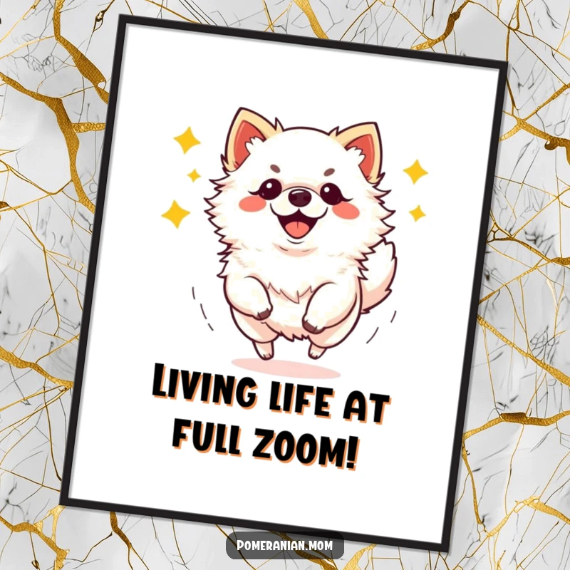 Funny Free Printable Wall Art: A kawaii Pomeranian captured mid-zoom, radiating pure, unadulterated, happy canine energy.