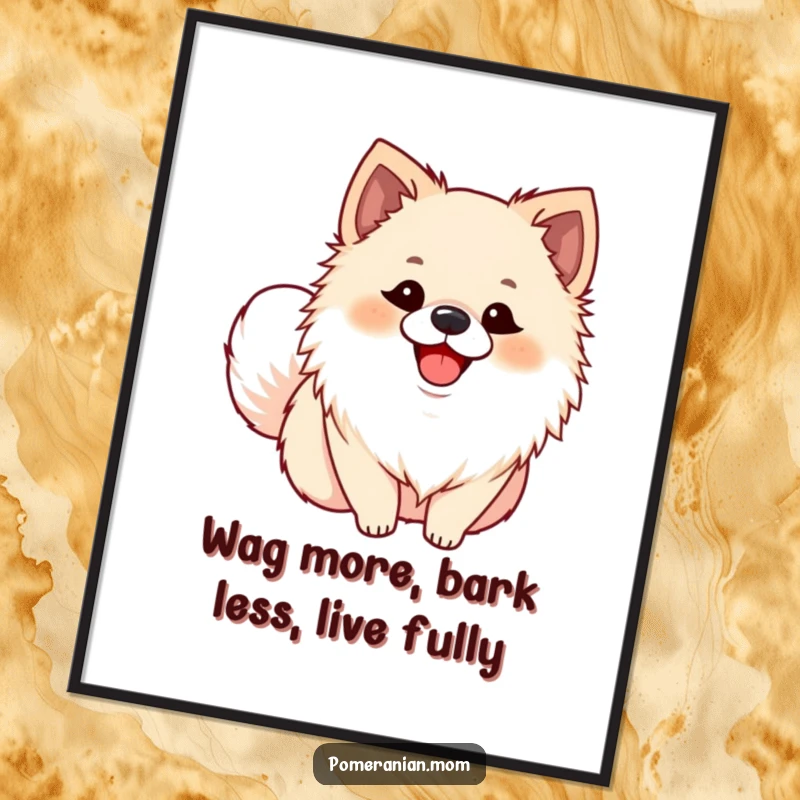 Funny Free Printable wall art featuring a Pomeranian with an ecstatic smile and wagging tail, a downloadable image of pure delight.