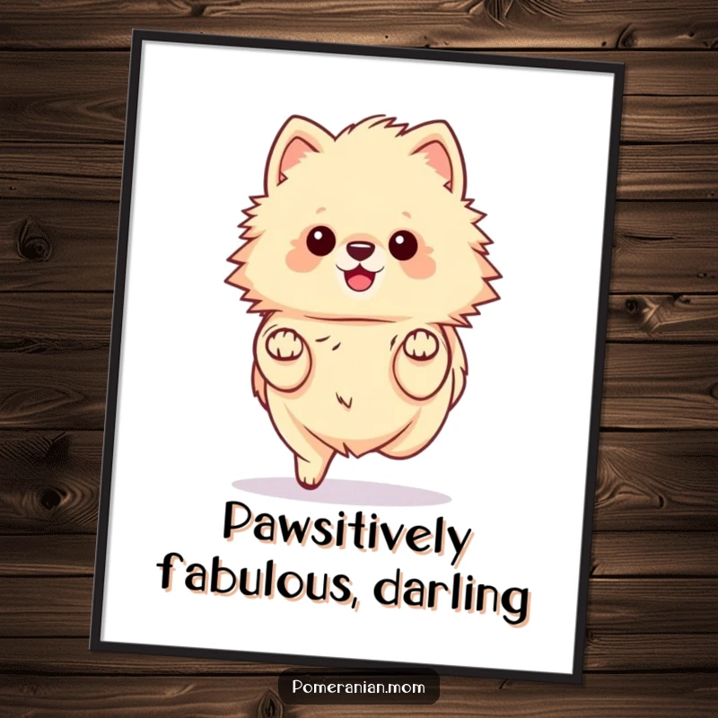 Funny Free Printable Wall Art: A cute kawaii pomeranian prancing delicately on its tiny paws with a joyful expression.