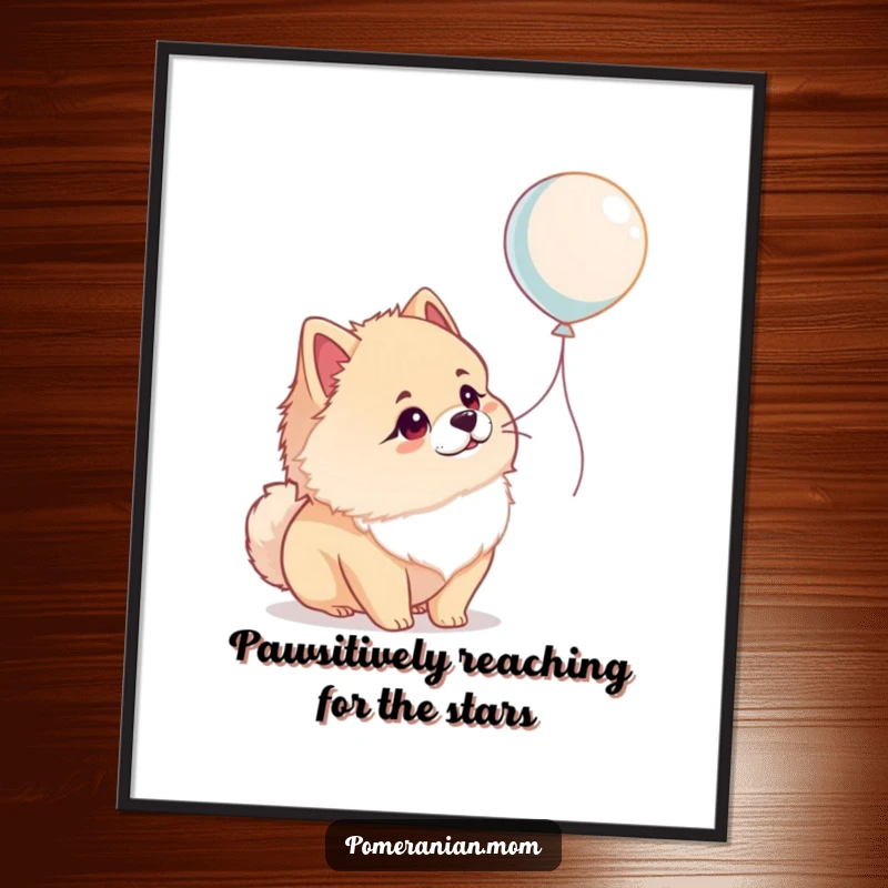 Funny Free Printable wall art showing a Pomeranian gazing with pure wonder at a floating balloon, a whimsical downloadable image.