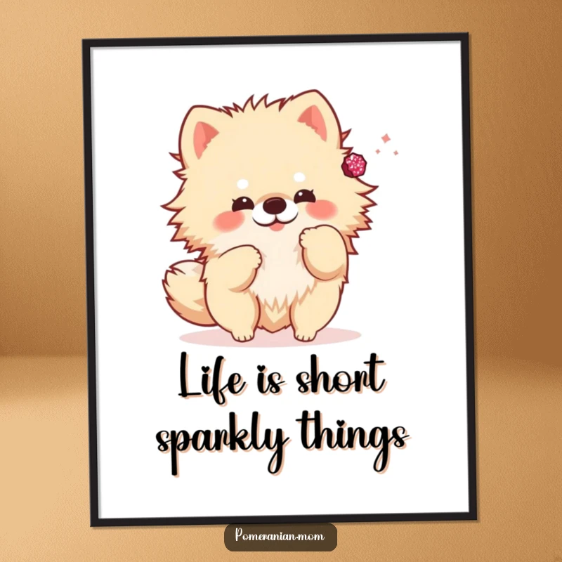 Funny Free Printable Wall Art: Kawaii Pomeranian in mid-toss with a tiny, sparkly accessory, adding playful charm.