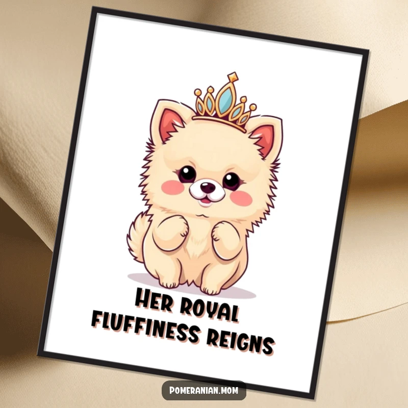 Funny Free Printable Wall Art: Kawaii Pomeranian wearing a tiny tiara, striking a fabulous diva pose with confidence.