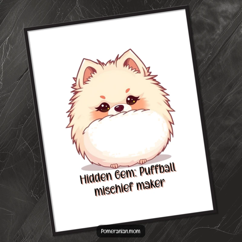Funny Free Printable Wall Art: Kawaii Pomeranian with a mischievous glint, hiding behind a giant puffball, peeking out playfully.