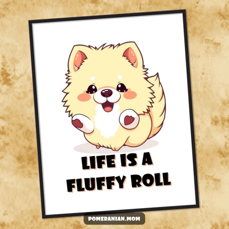 Funny Free Printable Wall Art: Fluffy kawaii pomeranian rolling playfully on its back in delight.