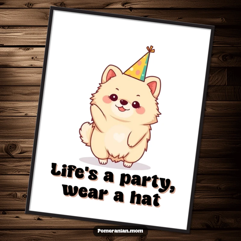 Funny Free Printable Wall Art: Kawaii Pomeranian adorably balancing a small, festive party hat, ready to party.
