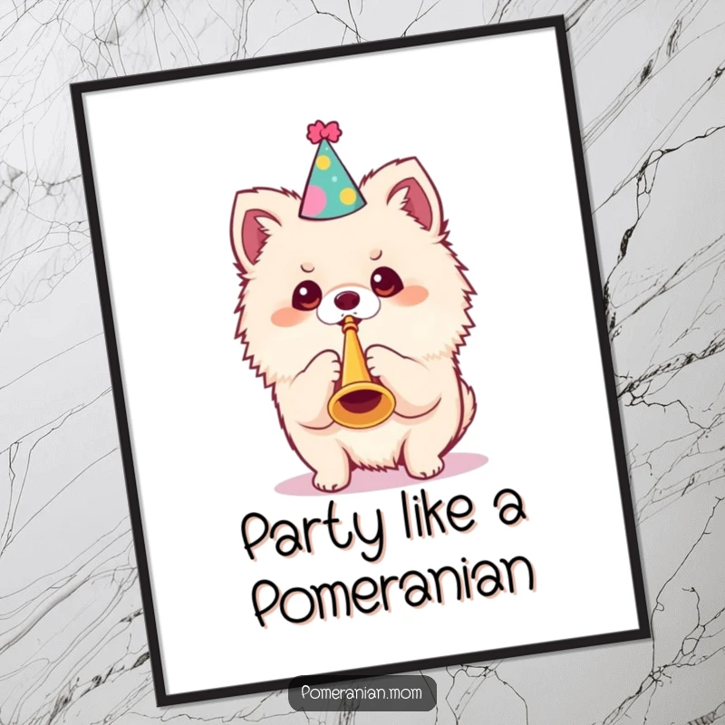 Funny Free Printable Kawaii Pomeranian Wall Art: Cute dog wearing a tiny party hat blows a small trumpet. Downloadable art.