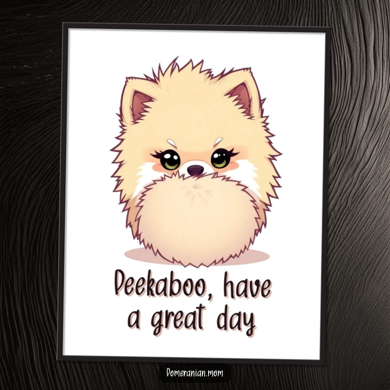Funny Free Printable Wall Art: A Kawaii Pomeranian with a mischievous twinkle, playfully hiding behind a large, soft pom-pom, adding charm.