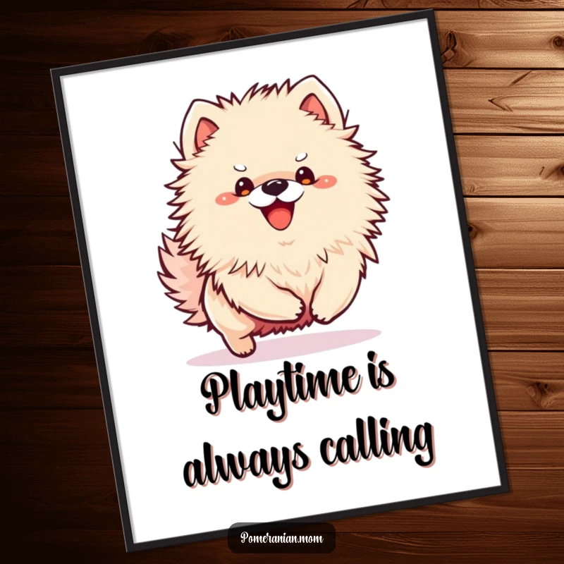 Funny Free Printable Wall Art: A kawaii Pomeranian puppy in an excited bounce, looking ready for playtime.