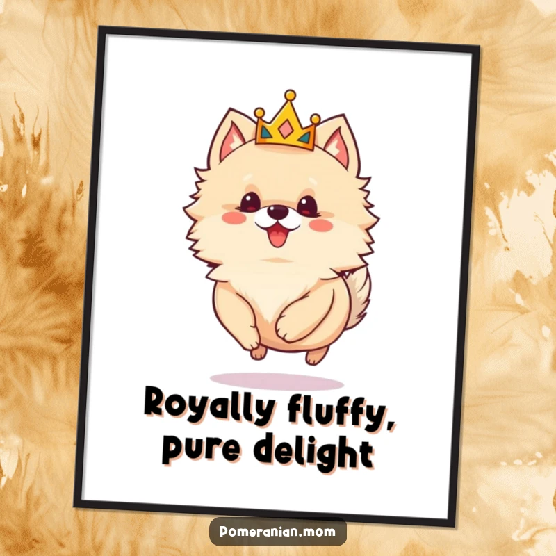 Funny Free Printable Wall Art: A playful Pomeranian wearing a tiny crown, joyfully skipping, regal and amusing.