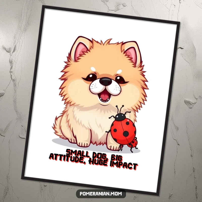 Funny Free Printable Wall Art: A kawaii Pomeranian dramatically barking up a storm at an incredibly small ladybug, full of personality.