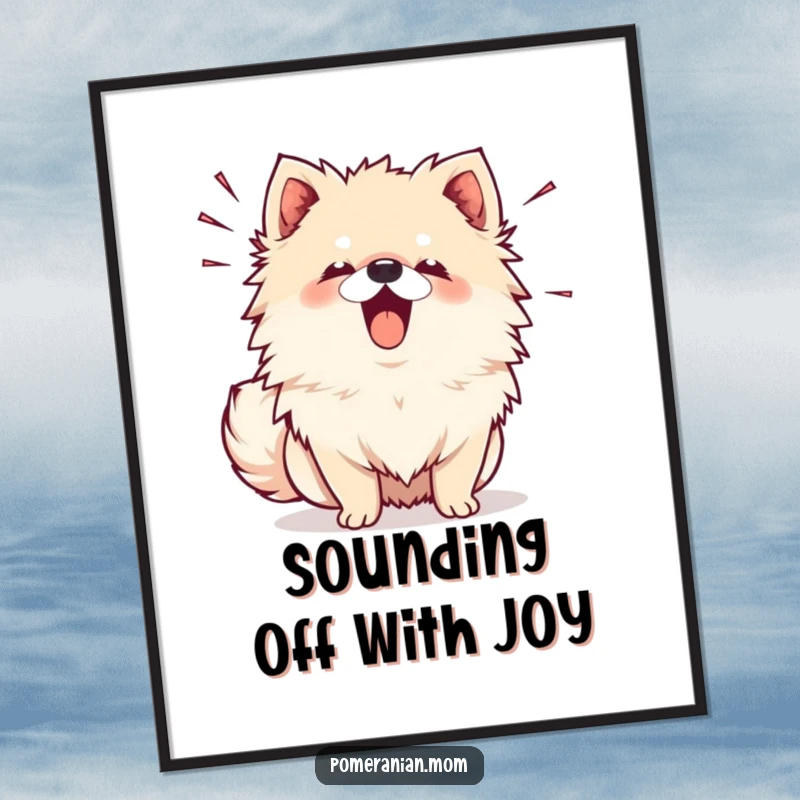 Free Printable Wall Art: A cute Kawaii Pomeranian is shown mid-bark, surrounded by little clouds of sound lines.